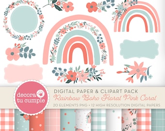 Boho Rainbow Floral Clipart and Papers, Coral Pink (Digital Download)