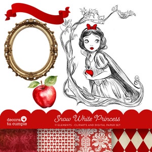 Sneeuwwitjeprinses clipart- en digitale paperset, direct downloaden