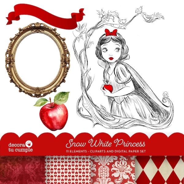 Snow White Princess clipart and digital papers set, Instant Download