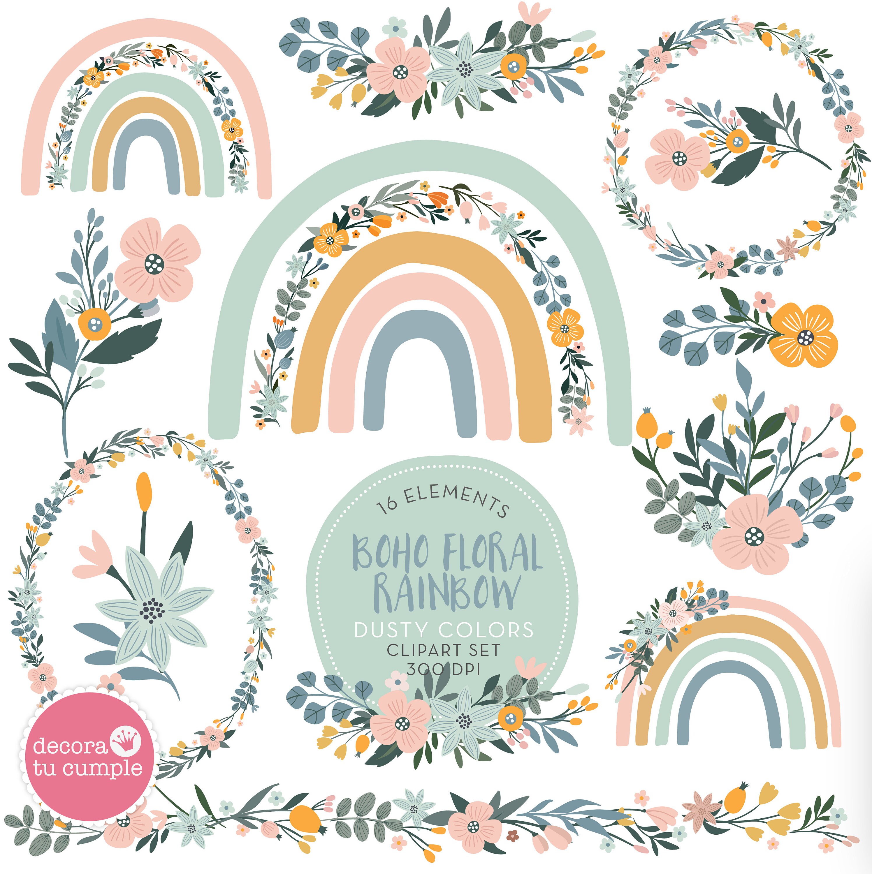 Boho Rainbow Floral Digital Papers and Cliparts, Boho