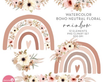 Boho Rainbow Floral Clipart Set, Watercolor Earthy Neutral (Instant Download)