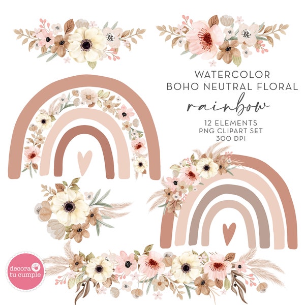 Boho Rainbow floral acuarela colores terrosos neutros conjunto de imágenes prediseñadas, neutrales pastel rosa polvoriento, imágenes prediseñadas de vivero, descarga instantánea