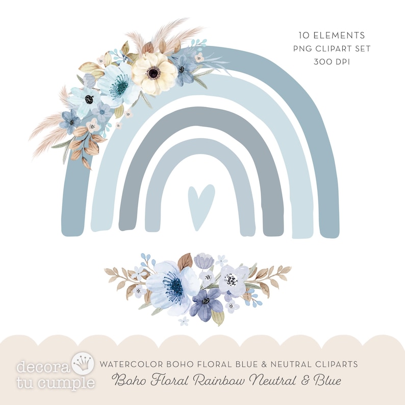 Boho Rainbow Floral Clipart Set, Blue Watercolor (instant Download) - Etsy