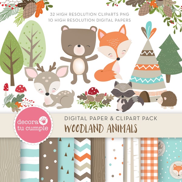 Woodland animals forest papers and cliparts pack set, Woodland Animals Digital Clipart, Forest Animals