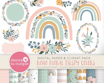 Boho Rainbow Floral Clipart and Papers, Nursery Decor (Digital Download)
