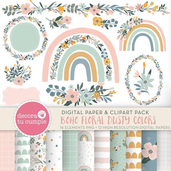 Boho Rainbow floral digital papers and cliparts, Boho Rainbow, dusty ochre pink blue pastel color, nursery clipart, Instant Download
