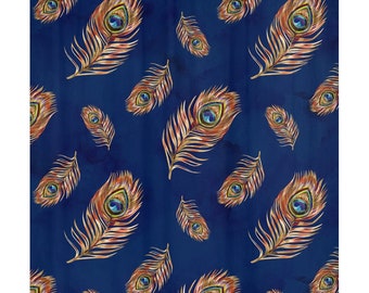 Navy Copper Peacock Feather Shower Curtain