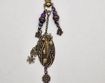 Three Birds Bag Charm: Boho Hematite Beads, Birds, Flowers