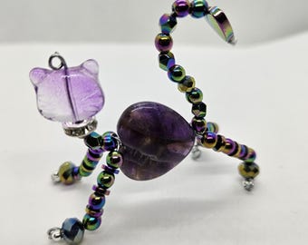 Amethyst Hematite Purple Heart Beaded Kitty Crystal Decoration or Sun Catcher