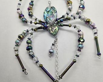 Abalone Hematite Crystal Heart Handbeaded Hanging Spider Decoration or Sun Catcher
