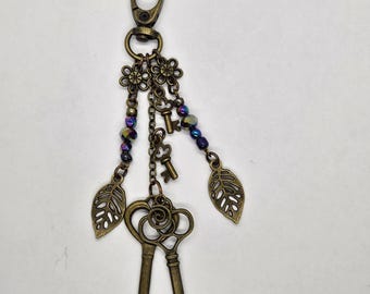 Boho Bag Charm: Antique Keys, Hematite Beads, Leaf & Flowers