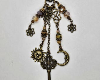 Boho Bag Charm: Vintage Brass Key, Magic Moons and Flowers
