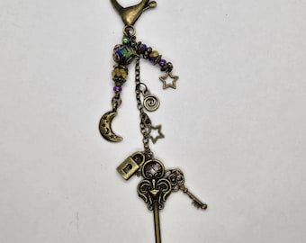 Boho Bag Charm: Vintage Brass Key, Magic Moons and Stars