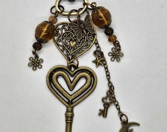 Boho Bag Charm: Vintage Brass Key, Heart, Moon and Stars