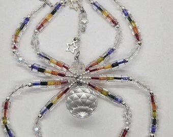 Rainbow Crystal Spider Suncatcher: Crystal & Silver Bead Decoration