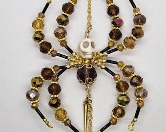 Gold Skull Honey Crystal Spider Suncatcher: Crystal & Brass Bead Decoration
