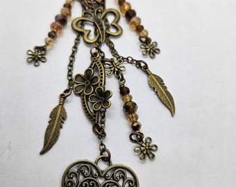 Boho Bag Charm: Bronze Heart, Crystal Beads, Butterfly & Key