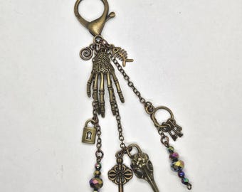 Raven Skull Hematite Bag Charm: Boho Bronze Keys Boney Hand Keys Lock