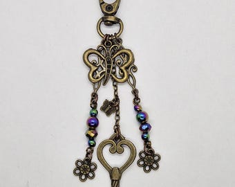 Boho Bag Charm: Antique Key, Hematite Beads, Butterfly & Flowers