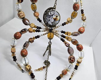 Wood and Crystal Steampunk Hanging Hand Beaded Spider Decoration