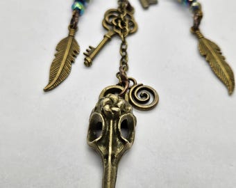 Raven Skull Hematite Bag Charm: Boho Bronze Keys Flowers and Leaves