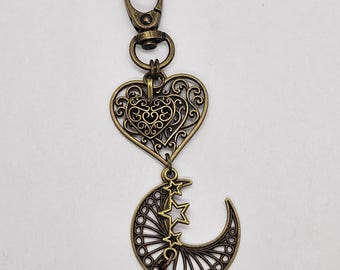 Boho Bronze Heart and Moon & Stars Bag Charm