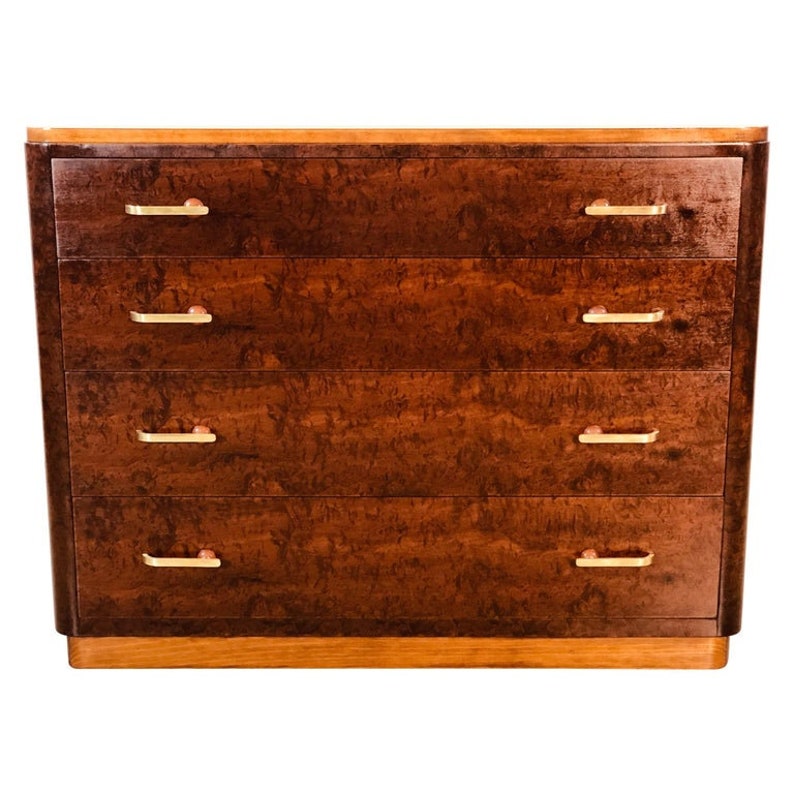 Art Deco Burlwood Maple Dresser With Curved Brass Drawer Pulls Etsy