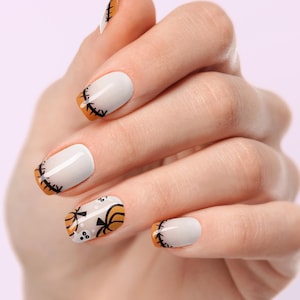 Fall French Tip Pumpkin Nails, False nails, Fake Nails, Glue on Nails, Press on Nails
