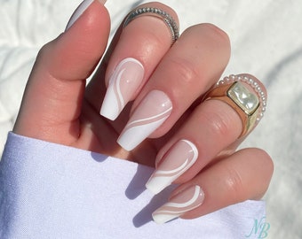 Swirl Design Press on Nails | Long Coffin Press on Nails | White Swirl Design Fake Nails | False Nails | Glue On Nails | White Nails