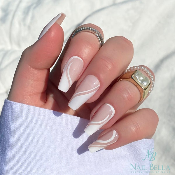 Swirl Design Press on Nails | Long Coffin Press on Nails | White Swirl Design Fake Nails | False Nails | Glue On Nails | White Nails