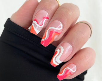 Pink Swirl Mid Coffin Press On Nails / 28 Nails with Designs / Fake Nails / Glue On Nails / Nail on Press Nail Short / Press on Nails Short