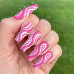 Pink Swirl Matte Press on Nails / Long Coffin / Fake Nails / False Nails / Glue On Nails / Pink Nails / Short Press on Nails | Ready to Ship