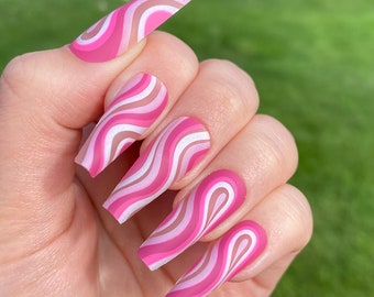 Pink Swirl Matte Press on Nails / Long Coffin / Fake Nails / False Nails / Glue On Nails / Pink Nails / Short Press on Nails | Ready to Ship