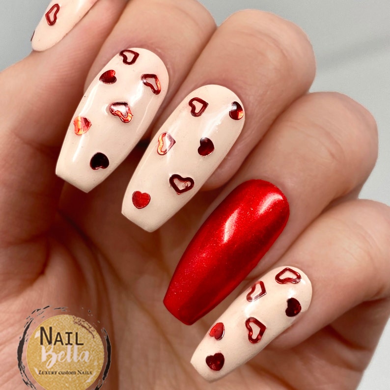 Heart press on Nails Nail for Valentines Day fake nails Red Nails Press on nails Glue on Nails Comes with Glue image 1