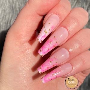 Pink and Gold Glossy Long Coffin Press On Nails Stick On Fake False 20 Pc Nail Set Ready To Ship Comes With Glue