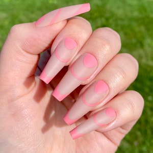 Pink French Tip Coffin Nails | Press on Nail | Fake Nails | False Nails |  Stick On Nails | Glue On Nails | Ready to Ship | Nail Designs
