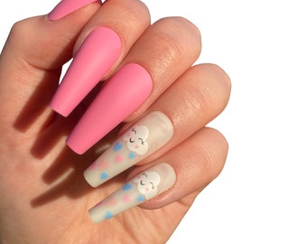 Pink Press on nails | Cloud False Nails | Kawaii Fake Nails | Long Coffin Press on Nails | Fake Nails | False Nails | Glue On Nails