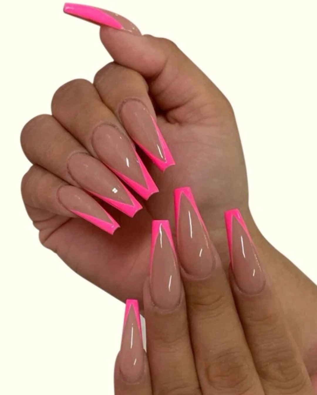Pink French Tip V Shape Press on Nail / Ready to Ship / Fake - Etsy Pink French Tip V Shape Press on Nail / Ready to Ship / Fake - Etsy