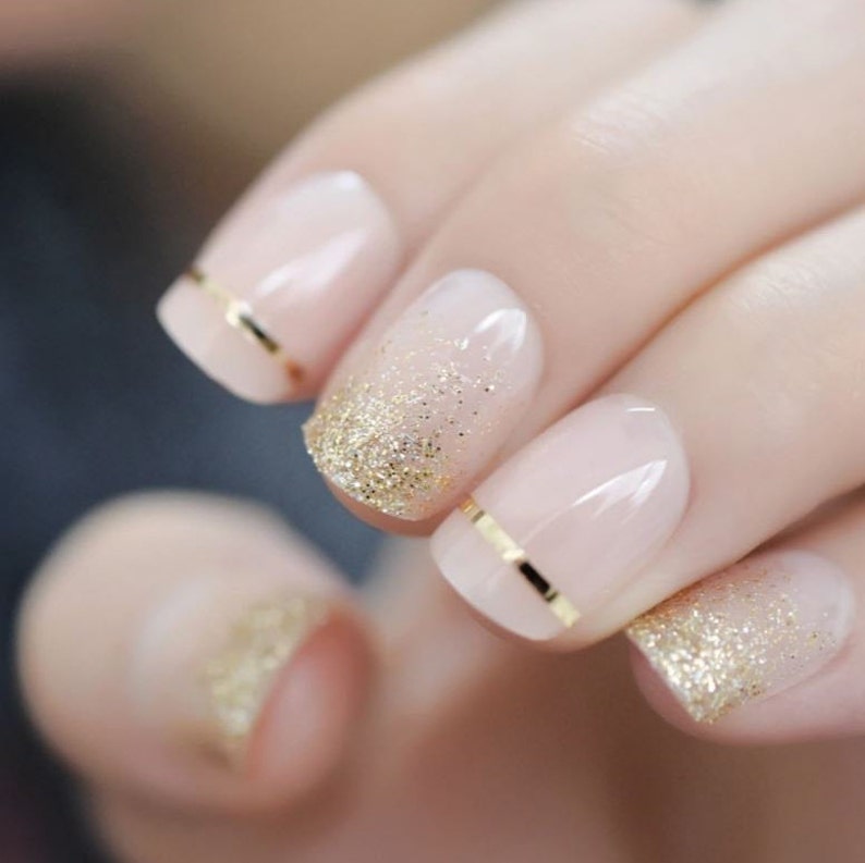 Press on Nails Short Gold Glitter Nude Press on Nail Short / Fake Nails / False Nails / Glue On Nails / Ombre Nails / Short Press on Nails image 4