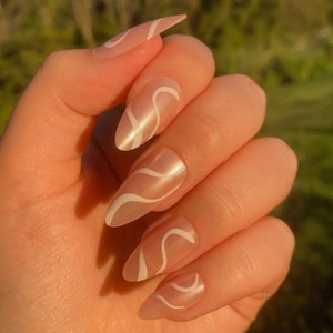 Short Round Almond Press on Nail | Pink Swirl Fake Nails | False Nails | Glue On Nails | Swirly Nails | Short Press on Nails