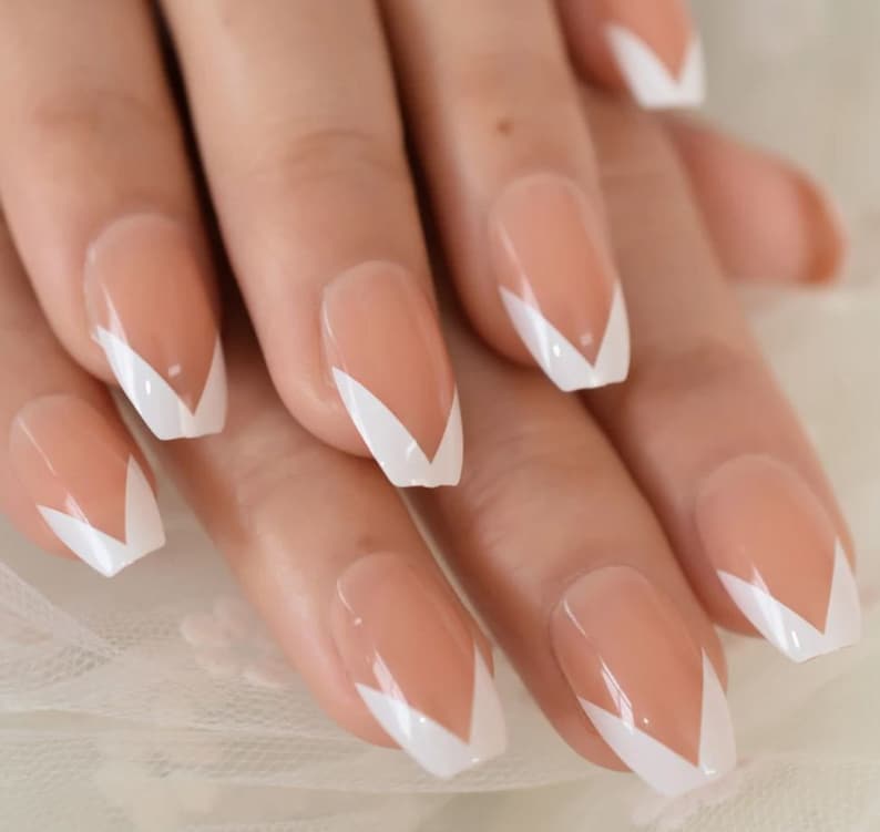 24 pcs White V Shape Tip Press on Nail / Short Nail / Glue On Nails / Fake Nail / Nail Press On Short / V Shape Tip Short Coffin French image 5