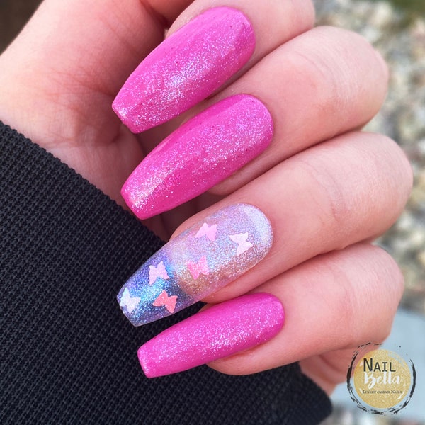 Pink Butterfly Press on nails | Thermal Nail Set | Color Changing Fake Nails | Handmade | Gel Polish