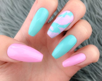 Cotton Candy Press On Nails | Reusable Pink and Blue Short Nails