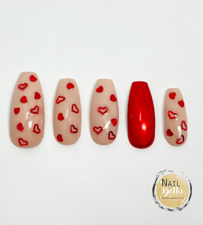 Heart press on Nails Nail for Valentines Day fake nails Red Nails Press on nails Glue on Nails Comes with Glue image 3