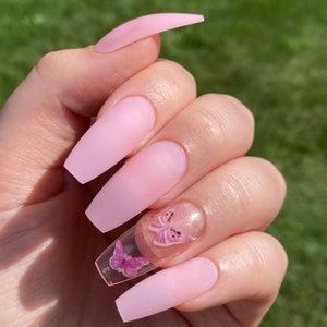Long Coffin Pink Butterfly Press on Nail | Fake Nails | False Nails | Glue On Nails | Ombre Nails | Short Press on Nails | Ready to Ship