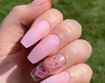 Long Coffin Pink Butterfly Press on Nail | Fake Nails | False Nails | Glue On Nails | Ombre Nails | Short Press on Nails | Ready to Ship