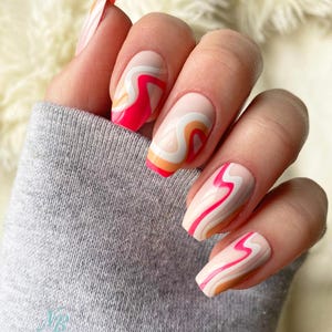 Short Coffin Pink Press on Nail | Pink Swirl Fake Nails | False Nails | Glue On Nails | Short Nails | Short Press on Nails