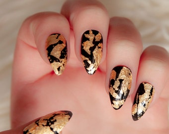 Black and Gold Foil Press on Nails | Fake Nails | False Nails | Glue On Nails | Short Nails | Short Press on Nails