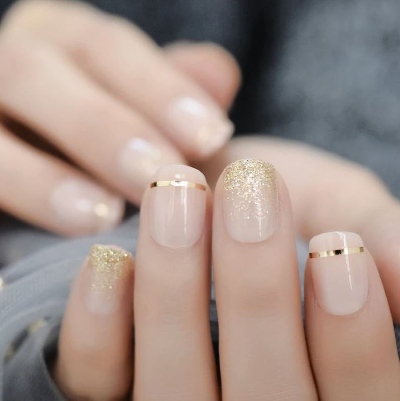 Press on Nails Short Gold Glitter Nude Press on Nail Short / Fake Nails / False Nails / Glue On Nails / Ombre Nails / Short Press on Nails image 2