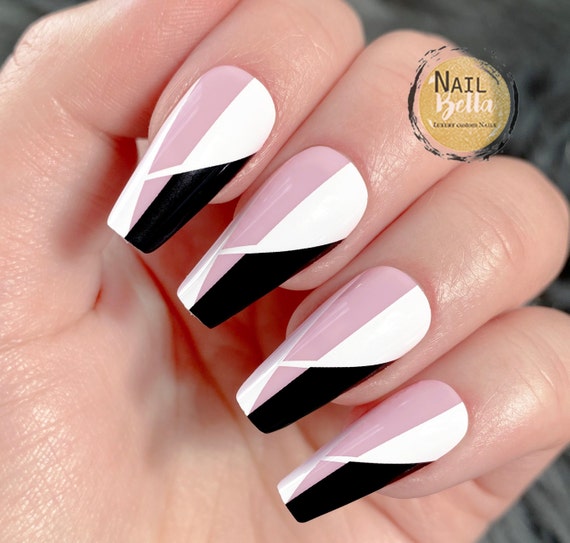 Coffin Nails Black And White Nails Coffin Coffin Nails Etsy